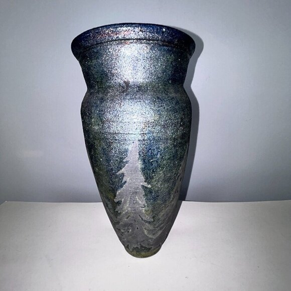 Francisco Paco Wenzel  "The Lone Trees" Tall Raku Vase Signed Black Blue Multi - Picture 1 of 11